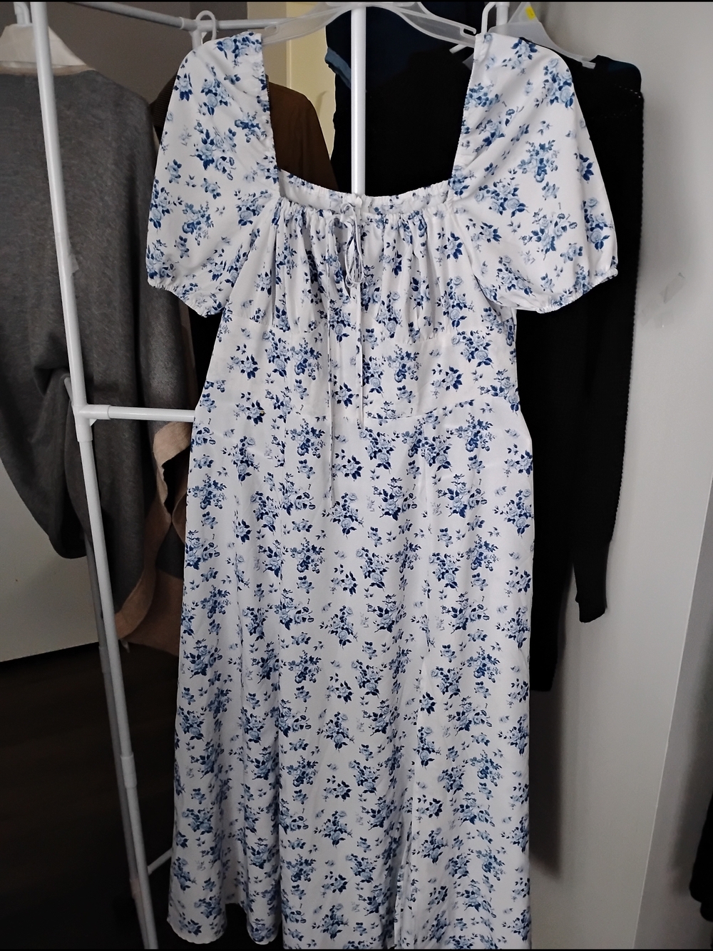SHEIN Milkmaid Summer Blue Floral Print Maxi Dress Square Neck with Puff Sleeves